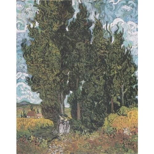 Cypresses and Two Women,1890 by Vincent Van Gogh Oil Painting Reproduction on Canvas Wall Art Home Decor Hand Painted Vertical