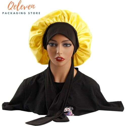 Women Hair Wig Bonnets With Wide Edge Control Wrap Satin Head Band Sleep Bonnet With Logo