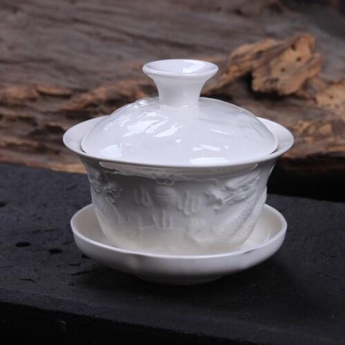 [GRANDNESS] Relief Dragon White Porcelain Gaiwan 100ml Chinese Ceremony Gaiwan Tea Tureen Ceramic