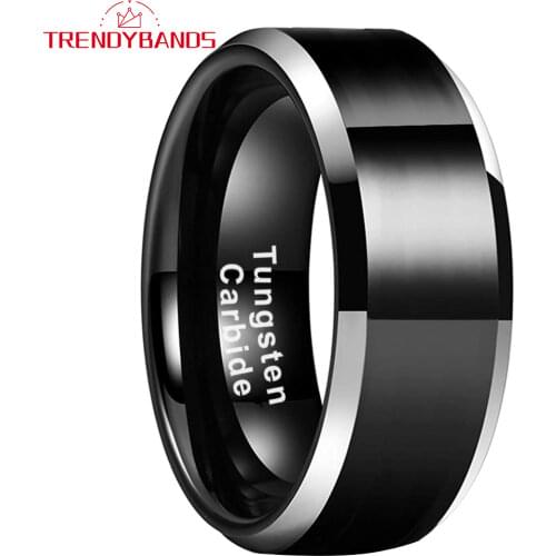 8MM Black Tungsten Carbide Rings For Men Women Wedding Band Beveled Edges Polished Shiny Comfort Fit