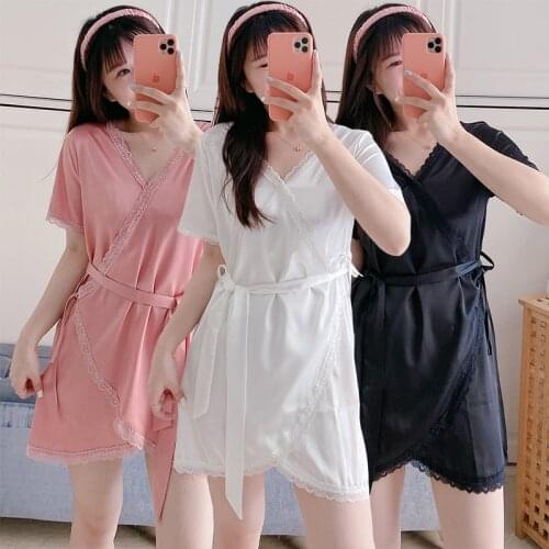 2021 Summer Short Sleeve Silk Satin Kimono Mini Dress Nightgown for Women Sexy Lace Night Dress Sleepwear Nightdress Home Nighty