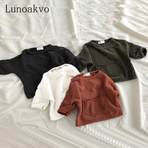 Lunoakvo 2021 Korean Childrens Autumn New Styles for Boys and Girls Hoop Sweaters with Big Pockets Kids Tops Sweatshirts