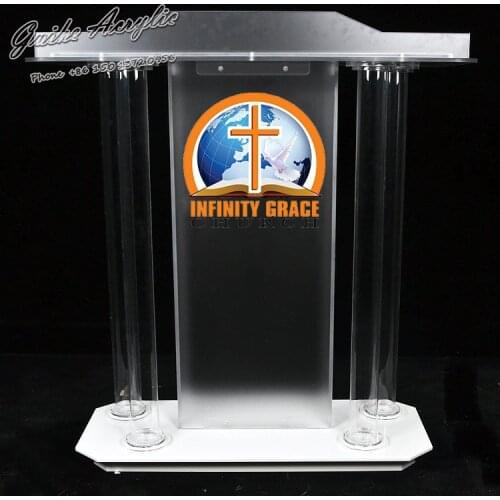 Frosted and transparent church pulpit accepts customized logo service with 4 cylindrical acrylic round tubes