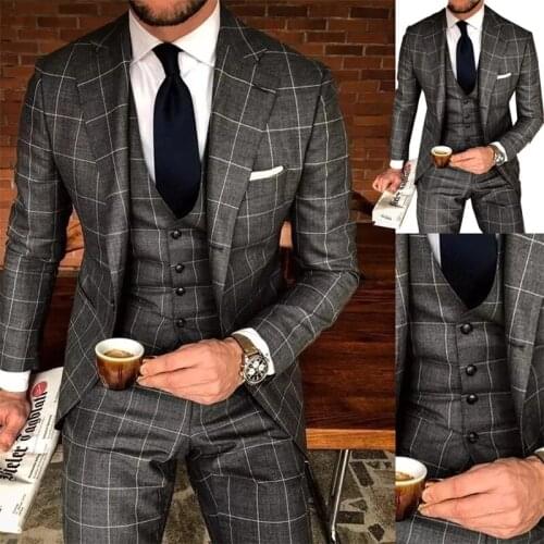 Fashion Gray Check Pattern Men Suits Costume Homme Wedding Tuxedos Terno Masculino Slim Fit Groom Prom Party Blazer 3 Pieces