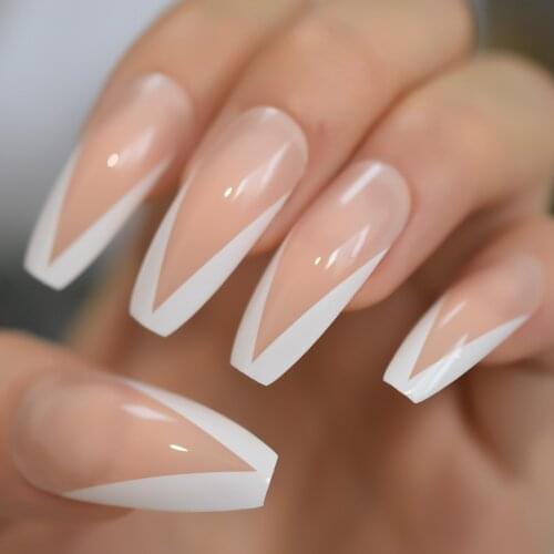 French Nail White V-Shape Long Coffin Press On Nails Extra Long V Ballerina Fake 24 Pc Nail Set
