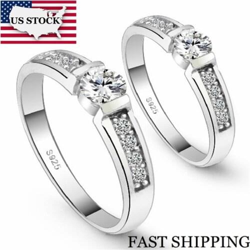 US STOCK Silver Color 2Pcs Engagement Ring Pair Wedding Couple Ring for Women Men Jewelry Cubic Zirconia Rings Set Uloveido J292