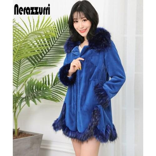 Nerazzurri Winter Warm Stylish Faux Fur Coat Women with Fox Fur Trim Blue Fluffy Jacket Luxury Ladies Korean Style Fashion 2021
