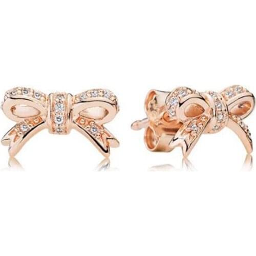 Original S925 Sterling Silver Pan Earring Temperament Bowknot Rose Gold Earrings For Women Wedding Gift Fashion Jewelry