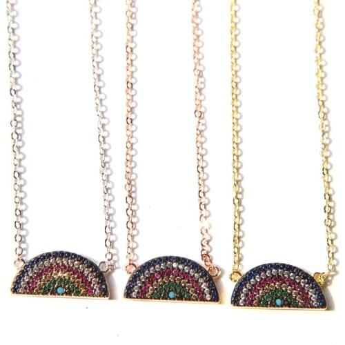 High Quality Half Rainbow charm paved cz Turquoises multi color stones pendant necklace for Girl Women Necklace 3colors chain