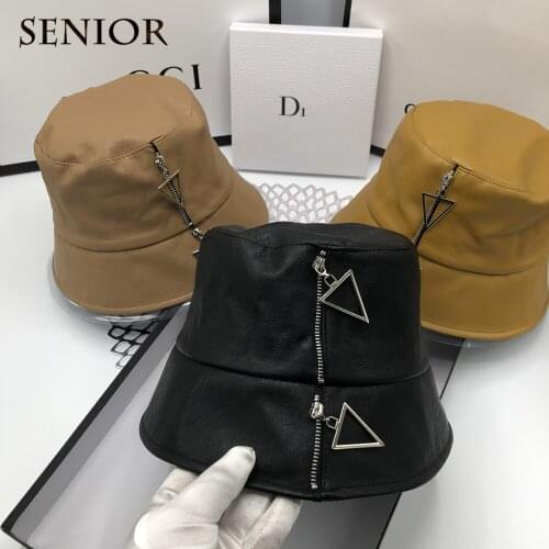 Autumn Korean Style Leather Flat-top Women Bucket Hat Simple Elegant Fashion Women Fisherman Hat Casual All-match Banquet Hat