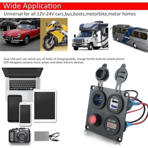 4 Hole Panel+Dual USB Charger+Voltmeter+Power Socket+ ON/OFF Switch Car Boat