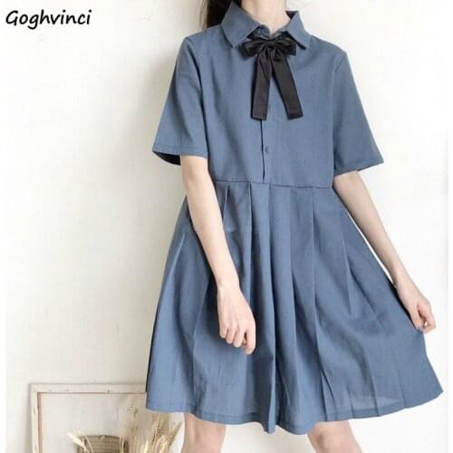 Short Sleeve Dress Women Turn-down Collar Bow Solid Pleated Preppy-style Girls Chic Harajuku Summer Loose Womens Elegant Kawaii