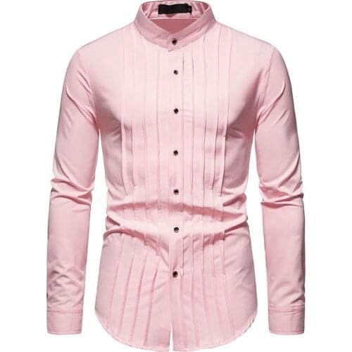 Wedding Tuxedo Pleated Shirt Men 2021 Fashion Slim Fit Long Sleeve Mens Dress Shirts Party Busienss Casual Camisa Masculina XXL