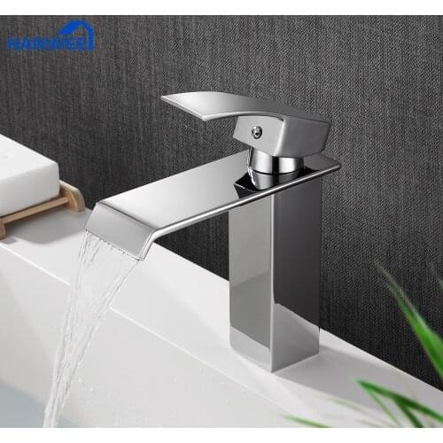 Hanwee Bathroom Basin Faucet Waterfall Deck Mounted Cold and Hot Water Mixer Tap Brass Chrome Vanity Vessel Sink Crane