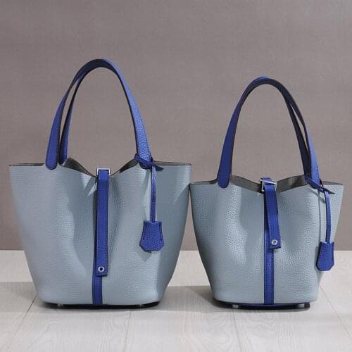 2021 New Lychee Pattern Top Layer Cowhide Leather Bucket Bag Handbag Stitching Basket Portable Small Bag L22/18cm