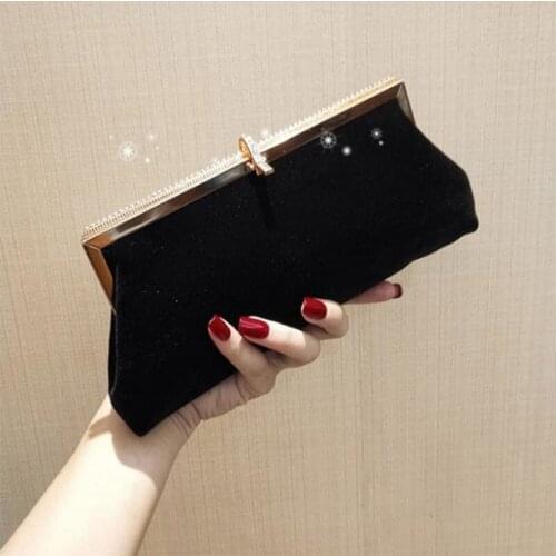 Women Retro Black Velvet Evening Clutch Bag Glitter Rhinestone Buckle Banquet Party Ladies Handbag Purse with Chain