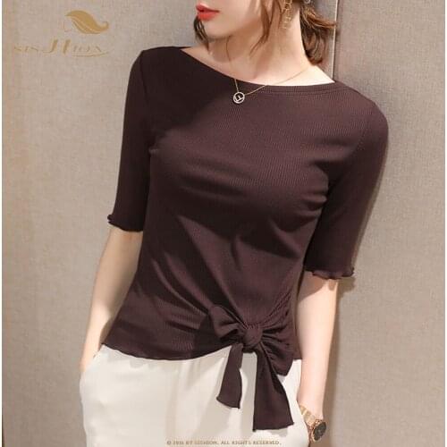 SISHION Solid Color Slash Nech Half Sleeve Women Autumn T Shirt VD2276 Black Blue Coffee Modal haut femme Tops