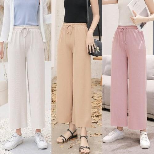 2021 Spring Summer Women Wide Leg Pants High Waist Loose Casual Long Stacked Silk Pants Womens Ice Silk Ankle-Length Trousers