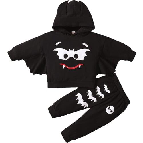 Toddler Baby Girl 2Pcs Halloween Outfits Cartoon Print Long Sleeve Bat Hoodie and Pants Set 1-5Years