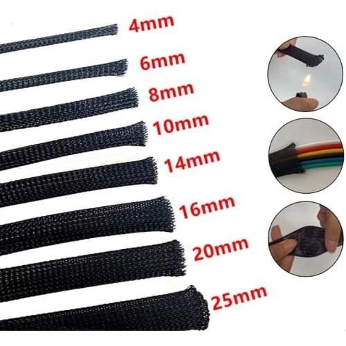 5M Black Insulated Braid Sleeving PET Wire Cable Protection 2-45mm Flame-Retardant Expandable Cable Sleeve Wiring Accessories