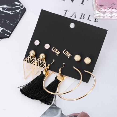 6 Pairs/set Fashion Gold Alloy Letter Stud Earrings For Women Rhombus Circle Earrings Set Female Black Tassel Hanging Earrings