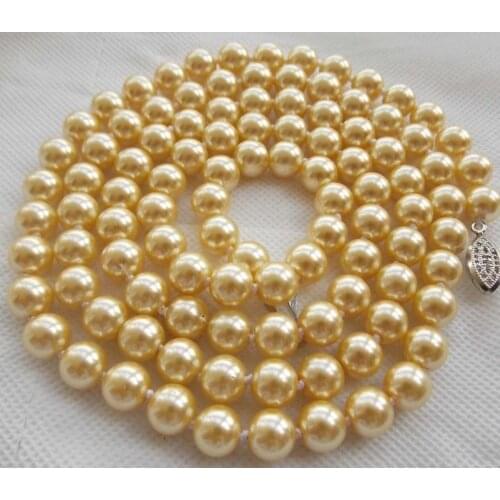 8MM Sea Natural Gold-Color Shell Pearl Necklace Pearl Jewelry Rope Chain Necklace Pearl Beads Natural Stone 35inch (Min Order1)