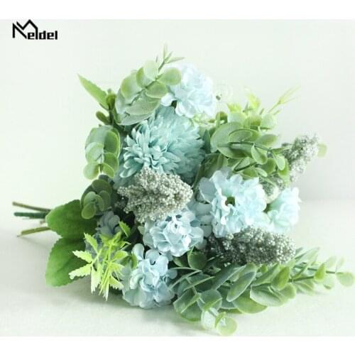 Meldel Bouquet Bridesmaid Wedding Bouquet Artificial Silk Flower Pompom Fortune Ball Eucalyptus Leaves Handmade Wedding Bouquets