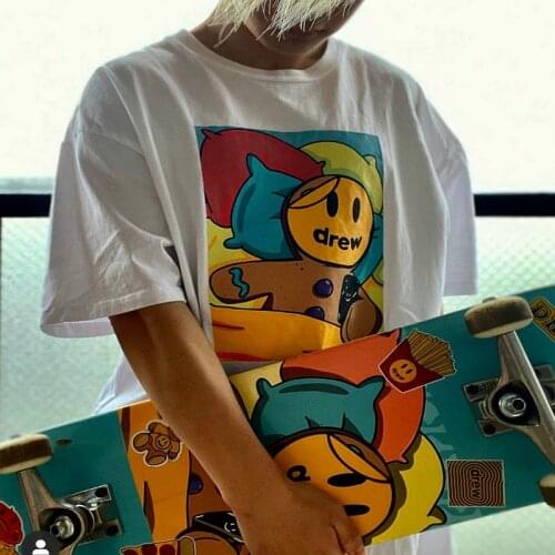 DREW T Shirt Summer 100% Cotton Men O-neck T-shirt Male Womens tshirt Short Sleeve High Quality Tops HOUSE JUSTIN Brand Smiley