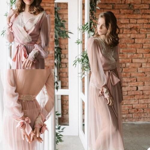 Illusion Chiffon Bathrope Sexy Lingerie Womens Ladies Bride Robes with Sash Tulle Designer Sleeves Sleepwear