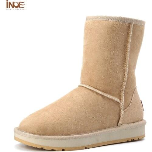 INOE Classic Winter Snow Boots for Women Sheepskin Suede Leather Mid-calf Slip on Natural Sheep Fur Boots Flats Waterproof Sand