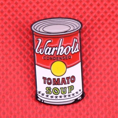 Campbells soup cans pop art pin tomato soup brooch Andy Warhol painting jewelry artist gift commercial logo badge shirts jacket