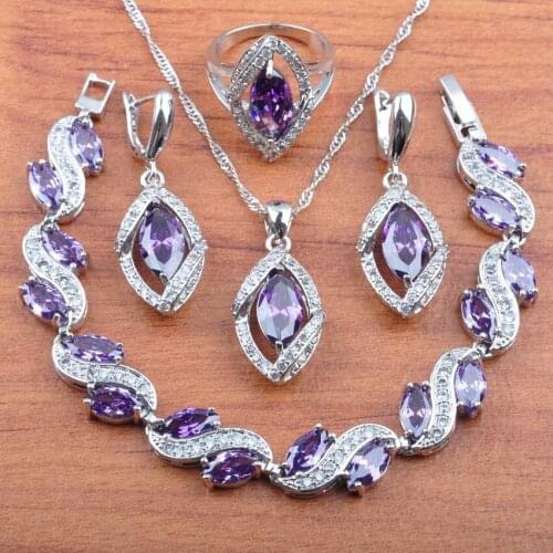 For Women Wedding Jewelry Gifts Purple Crystal Silver Color Jewelry Set Earrings Pendant Necklace Bracelet Ring JS0208