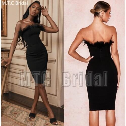 Short Black Sexy Prom Dresses Strapless Sheath Knee Length Feather Black Girl Wedding Party Dress Plus Size Robe De Soiree