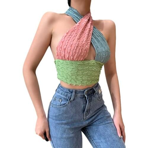 Hot Women’s Fashion Patchwork Halter Vest Summer Sexy Hollow Out Exposed Navel Slim Fit Camisole Y2k Crop Tops