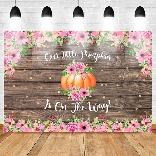 Neoback Newborn Baby Shower Photo Background Rustic Wood Floor Little Pumpkin Backdrop Pink Floral Birthday Cake Table Decor