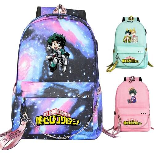 New Cartoon My Hero Academia Prints Boys Girls Kids School bag Women USB Chain Backpack Canvas Men Bagpack Packsack Bookbag