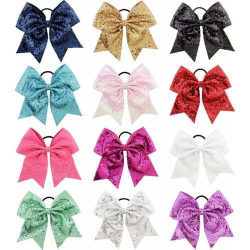 12pcs/lot 8 Inch Sequin Cheer Bow Elastic Hair Bands Ponytail Holder Hair Ties Women Rubber Band Handmade Girls Hair Accessories