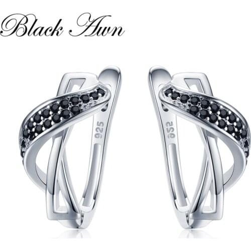 Sodrov Classic 925 Sterling Silver Round Black Trendy Spinel Engagement Hoop Earrings for Women Fine Jewelry Bijoux I148