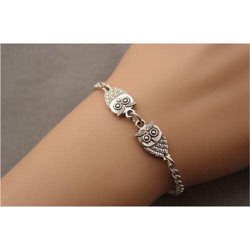 Vintage Silvers Double Owl Bracelet Chain Charms Good Luck Bracelet Bangle Jewelry Fashion For Women Brand DIY 12pcs Z1438