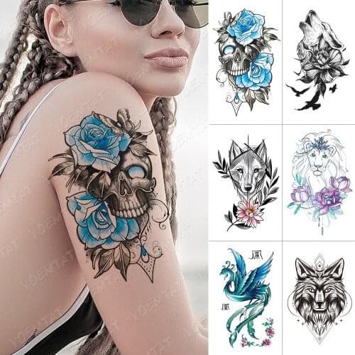 Waterproof Temporary Tattoo Sticker For Adult Skull Rose Flower Wolf Lion Flash Tattoos Phoenix Body Art Arm Fake Tatoo Women