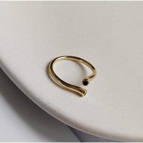 Distortion Design 925 Sterling Sliver Rings For Women Simple Gold Color Black CZ Zircon Open Rings Wedding Jewelry Gift