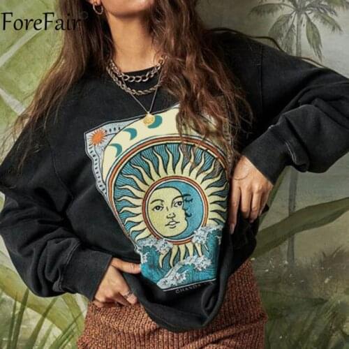 Forefair Black Fashion Women Loose Sweatshirts Y2k Print O Neck Long Sleeve Autumn Winter 2021 Casual Vintage Oversized Pullover