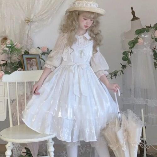 Ladies Elegant Sweet Girl Shiny Clothes Sleeveless Women Sling Dress Spaghetti Strap Kawaii Lolita Clothing White Black Blue