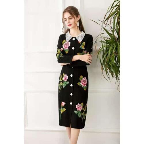 New Roses Embroidered Stretch Slim Dress Womens Dress 201130M02