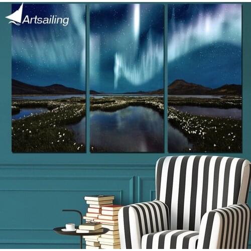 3 Panels Canvas Art Aurora Lights Stars Night Home Decor Wall Art Painting Canvas Prints Pictures for Living Room Poster XA1069C