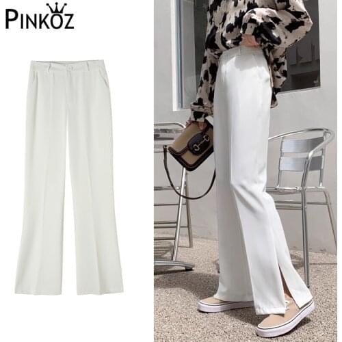 Pinkoz elegant women white long pants casual office lady split designer French beige trousers femme fashion clothing de mujer za