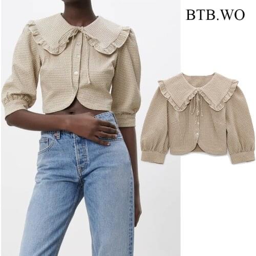 BTB.WO 2021 Spring Women Shirts Za Blouse Fashion Elegant Half Sleeve Tops Female V Neck Chic Woman Blouse Tops