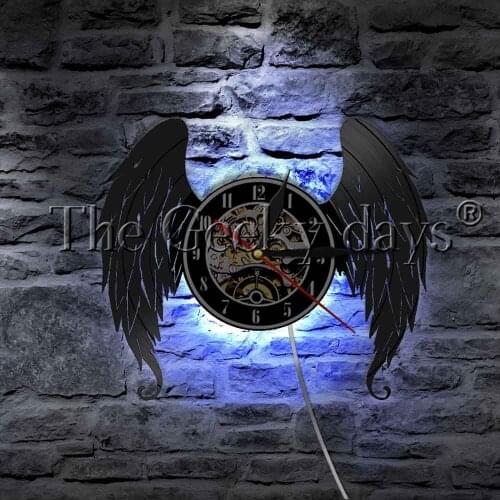 Elegant Angel Wings Vinyl Record Wall Clock Home Decor Wall Watch Guardian Angel LED Night Light Sleepy Lamp