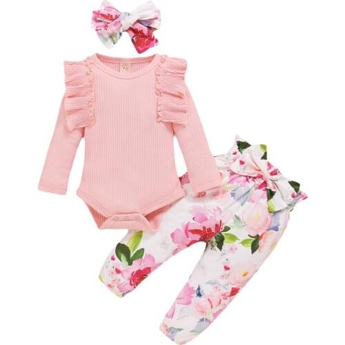 Girl Solid Knitted Cotton Romper Kid Tops Girls Flower Print Long Pants Todder Headband Baby Outfits Kids 3Pcs Clothes set