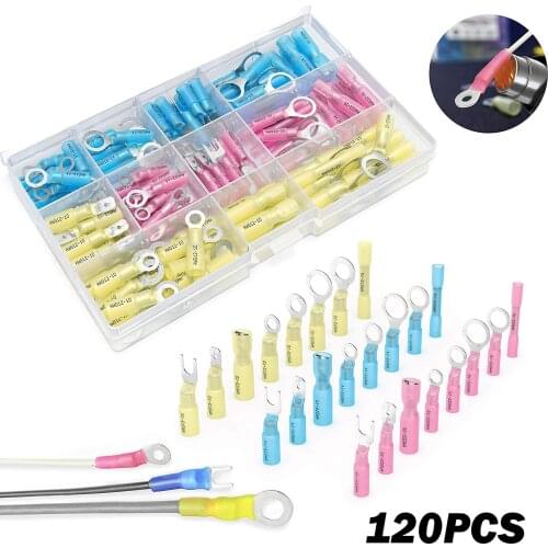 120 PCS Heat Shrink Connector Kit - Electrical Insulated Wire Terminals Crimp Ring Butt Spade Marine Waterproof Automotive